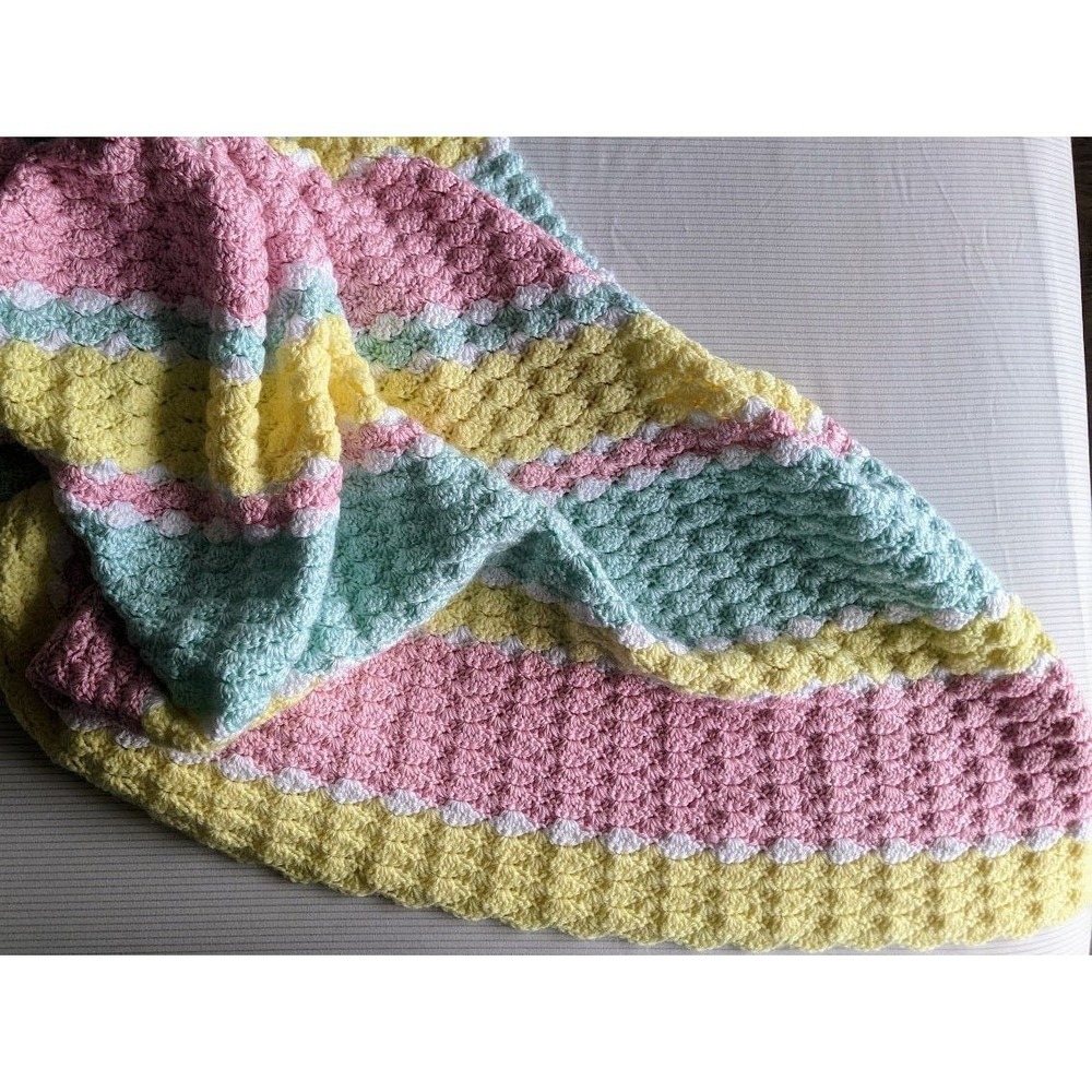 Handmade Crochet Crib‎ Baby Blanket 50"x31" Shower Gift Unisex Green Pink Yellow